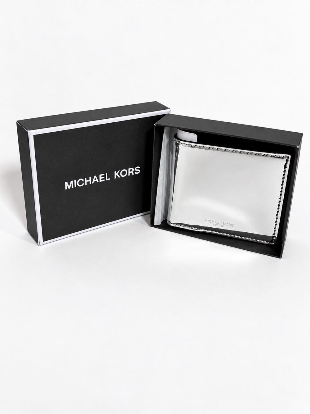 Michael Kors Warren Mirror Metallic Silver Billfold Wallet NIB